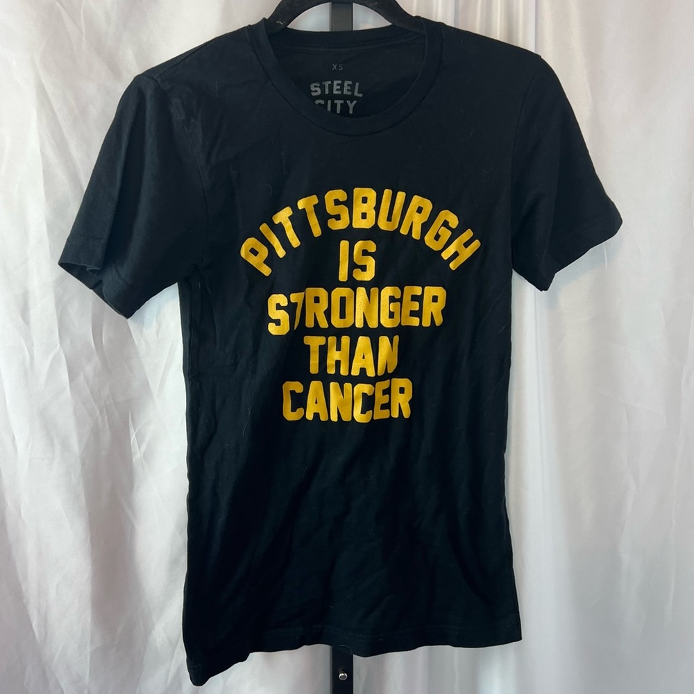 Steel City Pittsburgh Is Stronger Than Cancer Black and Gold Shirt, size XS